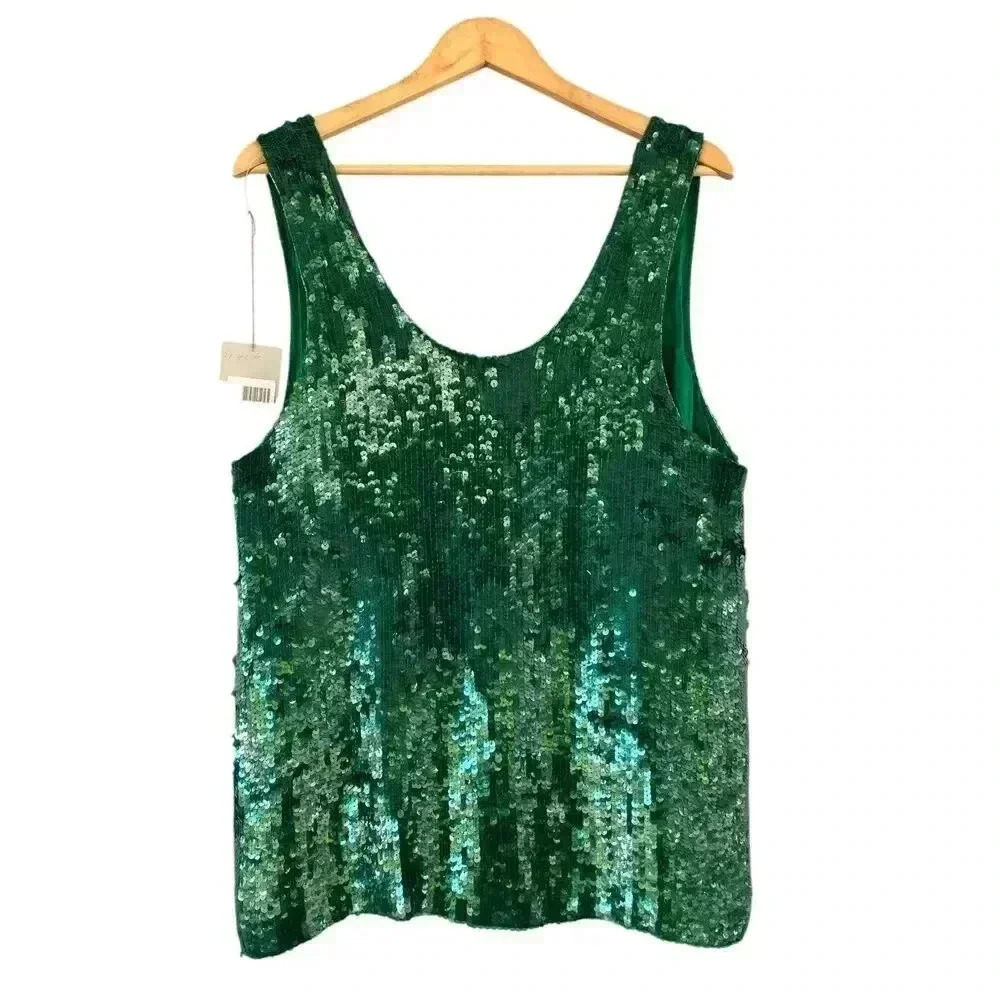 MODI 100% Silk Vintage Sequin Top Size 16 Green Festive Holiday Christmas NWT